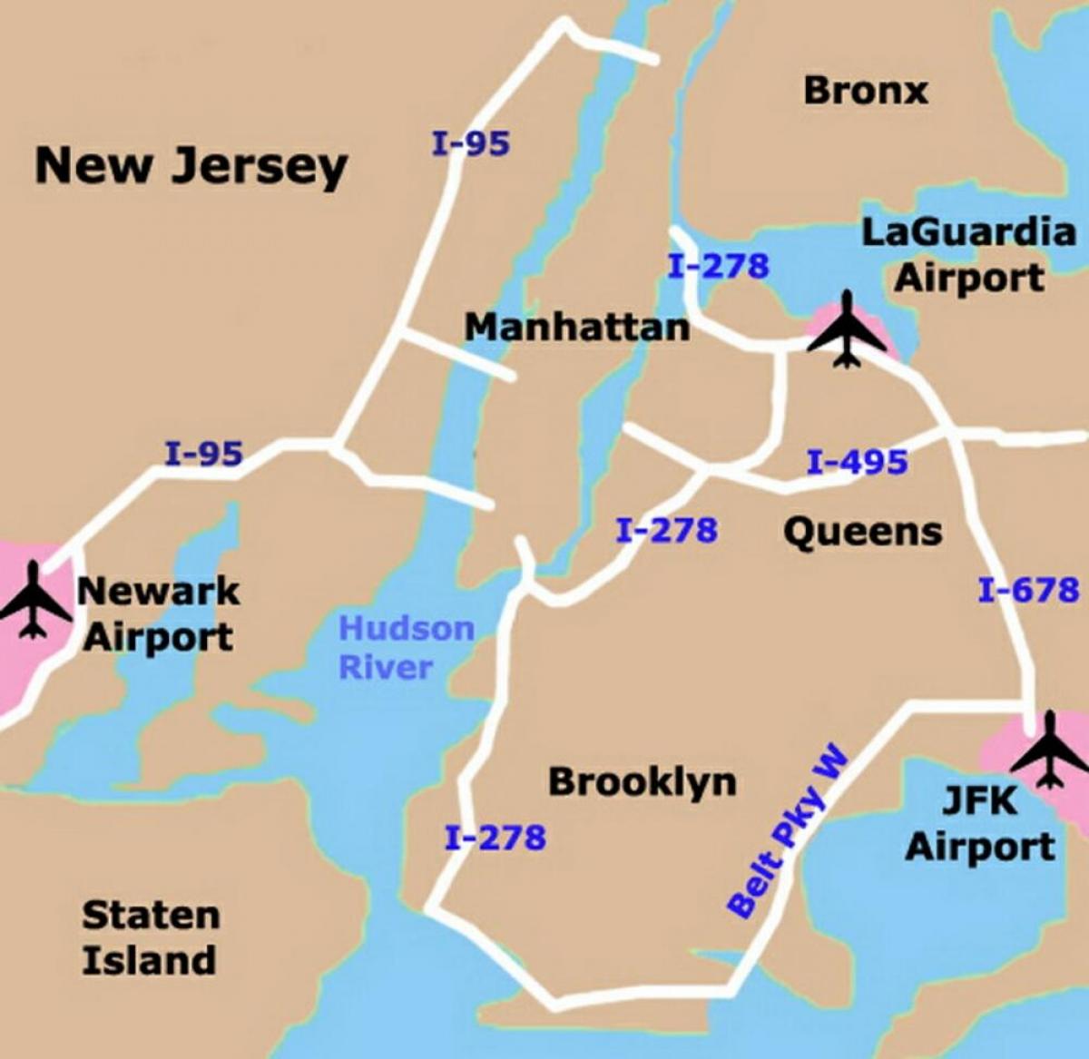 Nueva York aeropuertos de la zona de mapa